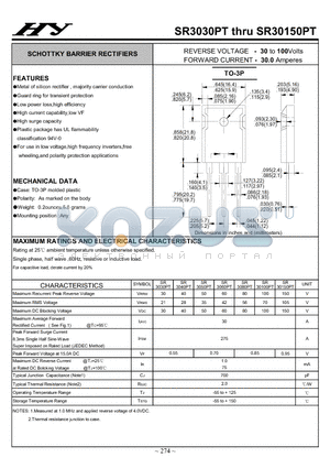 SR30150PT datasheet - SCHOTTKY BARRIER RECTIFIERS