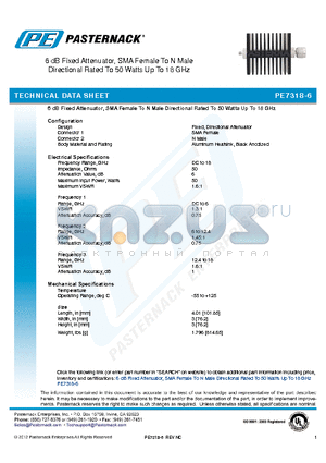 PE7318-6 datasheet - 6 dB Fixed Attenuator, SMA Female To N Male Directional Rated To 50 Watts Up To 18 GHz