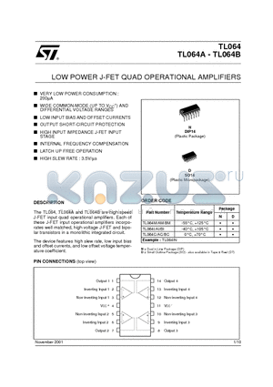 TL064BC datasheet - LOW POWER J-FET QUAD OPERATIONAL AMPLIFIERS