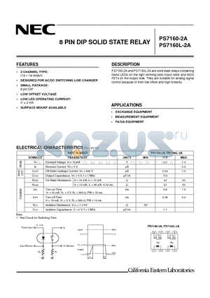 PS7160L-2A-E3 datasheet - 8-PIN DIP, 600 V BREAK DOWN VOLTAGE 2-ch Optical Coupled MOS FET