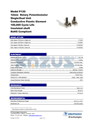 P120GE-F25CR100K datasheet - 12mm Rotary Potentiometer Single/Dual Unit Conductive Plastic Element 100,000 Cycle Life Insulated shaft RoHS Compliant