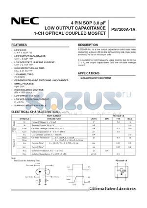 PS7200A-1A-E3 datasheet - 4 PIN SOP 3.0 pF LOW OUTPUT CAPACITANCE 1-CH OPTICAL COUPLED MOSFET