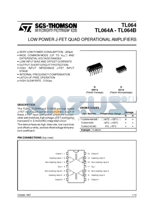 TL064BIN datasheet - LOW POWER J-FET QUAD OPERATIONAL AMPLIFIERS