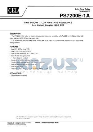 PS7200E-1A datasheet - 4-PIN SOP, 0.8 ohm LOW ON-STATE RESISTANCE 1-ch Optical Coupled MOS FET