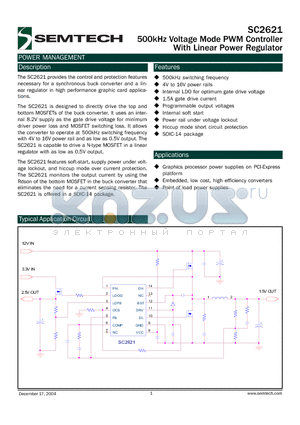 SC2621 datasheet - 500kHz Voltage Mode PWM Controller With Linear Power Regulator