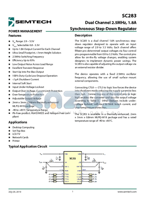 SC283 datasheet - Dual Channel 2.5MHz, 1.8A Synchronous Step-Down Regulator