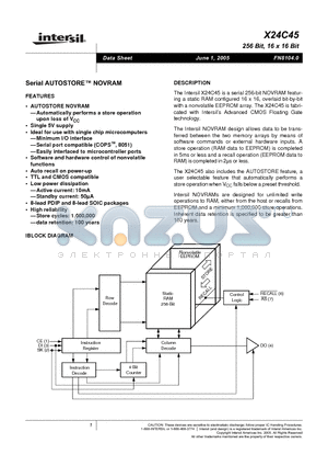 X24C45SI datasheet - Serial AUTOSTORE NOVRAM