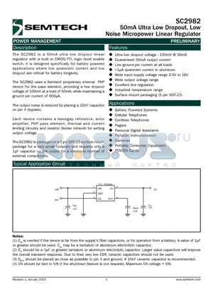 SC2982 datasheet - 50mA Ultra Low Dropout, Low Noise Micropower Linear Regulator