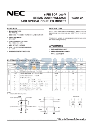 PS7221-2A-F3 datasheet - 8 PIN SOP 200 V BREAK DOWN VOLTAGE 2-CH OPTICAL COUPLED MOSFET