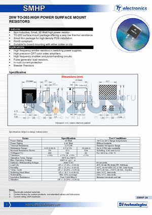 SMHP0R100J datasheet - 20W TO-263 HIGH POWER SURFACE MOUNT RESISTORS