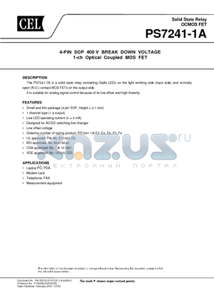 PS7241-1A-F3-A datasheet - 4-PIN SOP 400 V BREAK DOWN VOLTAGE 1-ch Optical Coupled MOS FET