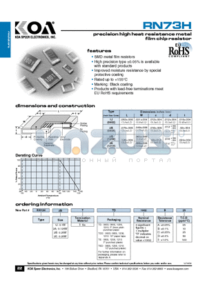 RN73H1JTTE1002D datasheet - precision high heat resistance metal film chip resistor