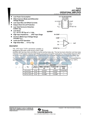 TL070 datasheet - JFET-INPUT OPERATIONAL AMPLIFIER