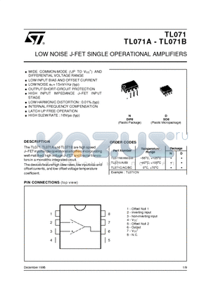 TL071 datasheet - LOW NOISE J-FET SINGLE OPERATIONAL AMPLIFIERS