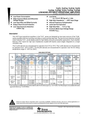 TL071 datasheet - LOW-NOISE JFET-INPUT OPERATIONAL AMPLIFIERS