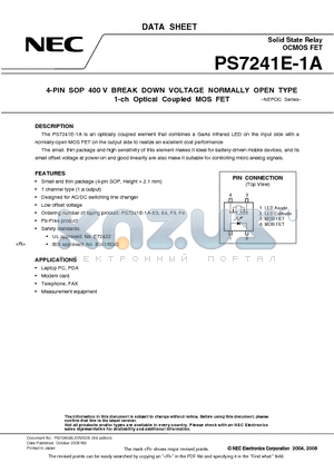 PS7241E-1A-E4-A datasheet - 4-PIN SOP 400 V BREAK DOWN VOLTAGE NORMALLY OPEN TYPE 1-ch Optical Coupled MOS FET