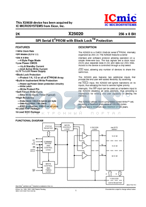 X25020P-2.7 datasheet - SPI Serial E2PROM with Block LockTM Protection