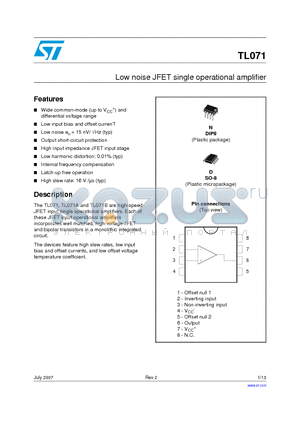 TL071ACN datasheet - Low noise JFET single operational amplifier