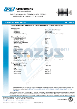 PE7360-3 datasheet - 3 dB Fixed Attenuator, SMA Female To 7/16 DIN Male Rated To 25 Watts Up To 7.5 GHz