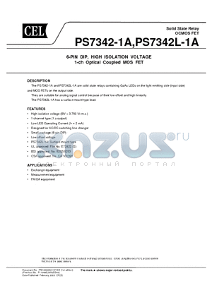 PS7342-1A datasheet - solid state relays containing GaAs LEDs on the light emitting side (input side) and MOS FETs on the output side.