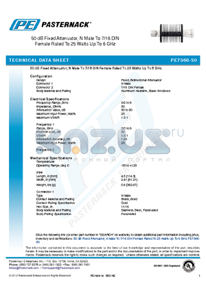 PE7366-50 datasheet - 50 dB Fixed Attenuator, N Male To 7/16 DIN Female Rated To 25 Watts Up To 6 GHz