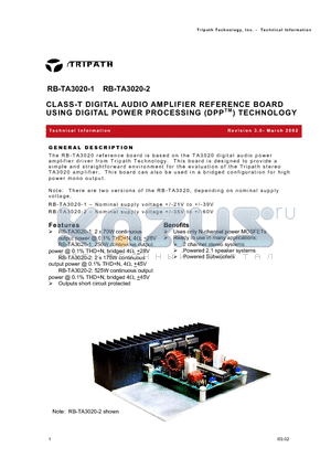 RB-TA3020-1 datasheet - CLASS-T DIGITAL AUDIO AMPLIFIER REFERENCE BOARD USING DIGITAL POWER PROCESSING (DPP) TECHNOLOGY