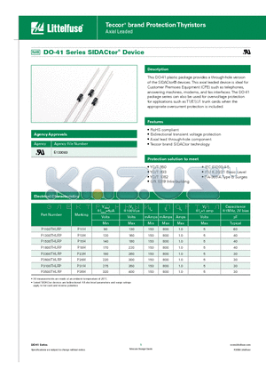 P1300THLRP datasheet - This DO-41 plastic package provides a through-hole version of the SIDACtor^ devices.