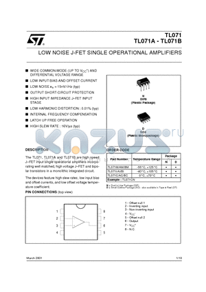 TL071BI datasheet - LOW NOISE J-FET SINGLE OPERATIONAL AMPLIFIERS