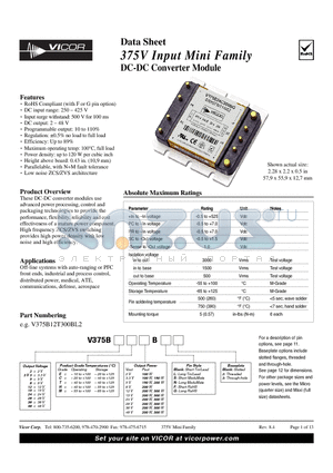 V375B12H300BN2 datasheet - 375V Input Mini Family DC-DC Converter Module