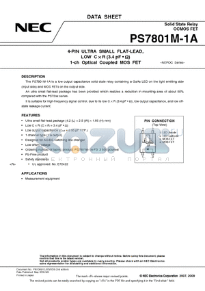 PS7801M-1A-A datasheet - 4-PIN ULTRA SMALL FLAT-LEAD, LOW C  R (3.4 pF • Y) 1-ch Optical Coupled MOS FET