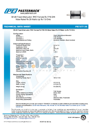 PE7377-30 datasheet - 30 dB Fixed Attenuator, TNC Female To 7/16 DIN Male Rated To 25 Watts Up To 7.5 GHz