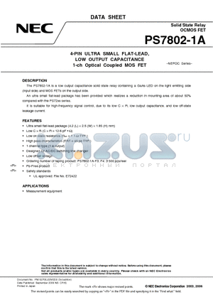 PS7802-1A-F3-A datasheet - 4-PIN ULTRA SMALL FLAT-LEAD, LOW OUTPUT CAPACITANCE 1-ch Optical Coupled MOS FET