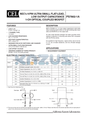 PS7802-1A-F4 datasheet - NECs 4-PIN ULTRA SMALL FLAT-LEAD, LOW OUTPUT CAPACITANCE 1-CH OPTICAL COUPLED MOSFET