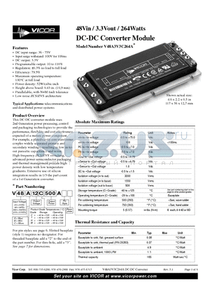 V375B12M500A datasheet - 48Vin / 3.3Vout / 264Watts DC-DC Converter Module