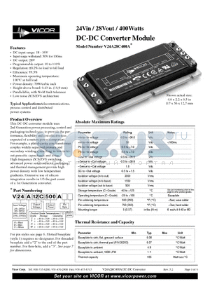 V375B12M500A datasheet - 24Vin / 28Vout / 400Watts DC-DC Converter Module