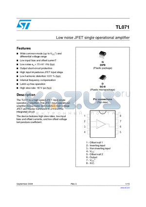 TL071CN datasheet - Low noise JFET single operational amplifier
