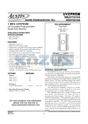 SMJ27C010A datasheet - 1 MEG UVEPROM UV Erasable Programmable Read-Only Memory