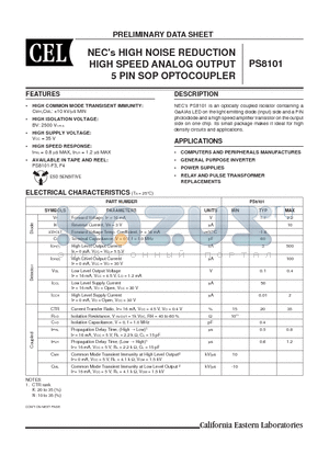 PS8101 datasheet - NECs HIGH NOISE REDUCTION HIGH SPEED ANALOG OUTPUT 5 PIN SOP OPTOCOUPLER