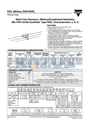 RNCH10R0BRB14 datasheet - Metal Film Resistors, Military/Established Reliability, MIL-PRF-55182 Qualified, Type RNC, Characteristics J, H, K