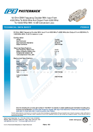 PE8602 datasheet - 50 Ohm SMA Frequency Doubler With Input From 4000 MHz To 9000 MHz And Output From 8000 MHz