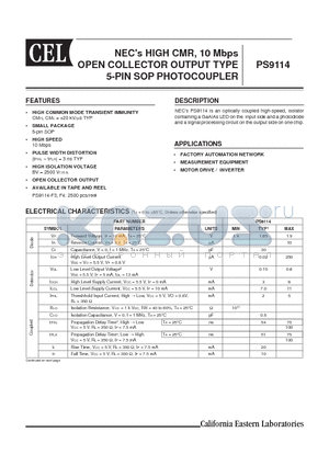 PS9114-F3 datasheet - NECs HIGH CMR, 10 Mbps OPEN COLLECTOR OUTPUT TYPE 5-PIN SOP PHOTOCOUPLER