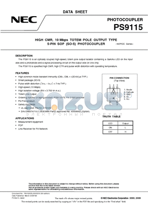 PS9115-AX datasheet - HIGH CMR, 10 Mbps TOTEM POLE OUTPUT TYPE 5-PIN SOP (SO-5) PHOTOCOUPLER