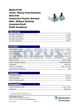 P140KH-F15BR100K datasheet - 14mm Rotary Potentiometer Dual Unit Conductive Plastic Element With / Without Bushing Insulated Shaft RoHS Compliant