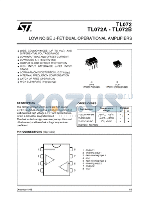 TL072AMD datasheet - LOW NOISE J-FET DUAL OPERATIONAL AMPLIFIERS