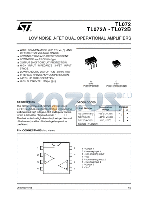 TL072AI datasheet - LOW NOISE J-FET DUAL OPERATIONAL AMPLIFIERS