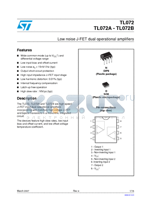 TL072AIN datasheet - Low noise J-FET dual operational amplifiers