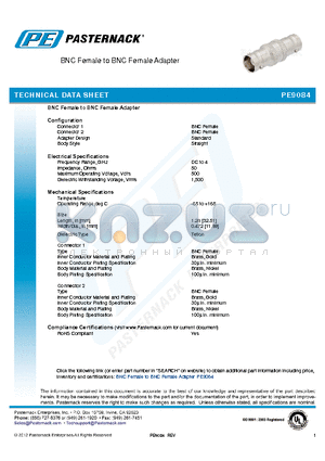 PE9084 datasheet - BNC Female to BNC Female Adapter