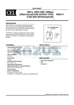 PS9117-F3-A datasheet - NECs HIGH CMR, 10Mbps OPEN COLLECTOR OUTPUT TYPE 5-PIN SOP OPTOCOUPLER
