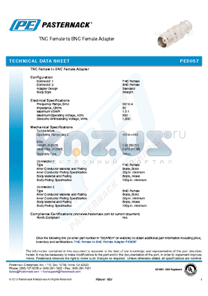 PE9097 datasheet - TNC Female to BNC Female Adapter