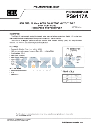 PS9117A-V-A datasheet - HIGH CMR, 10 Mbps OPEN COLLECTOR OUTPUT TYPE 5-PIN SOP (SO-5) HIGH-SPEED PHOTOCOUPLER
